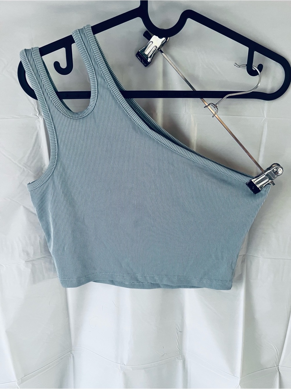 Blue Gray One Shoulder Tank Ribbed Crop Top - Light Blue